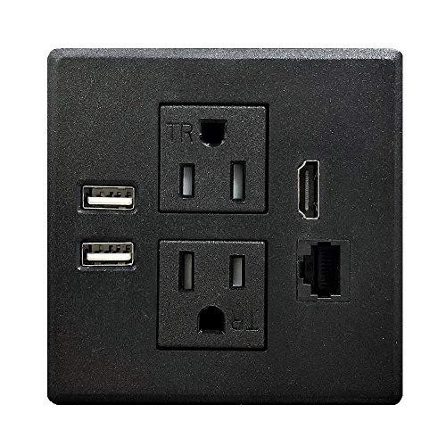 Best Seller PWR-Plug Power Grommet for Desk Office Furniture Fits 3.125" Inch Grommet Hole 2 (TR) AC Outlets 2 USB Charging Ports 1 CAT6 1 HDMI ETL Listed (Square - (BLACK) Fits 3 1/8" - 3 1/4")