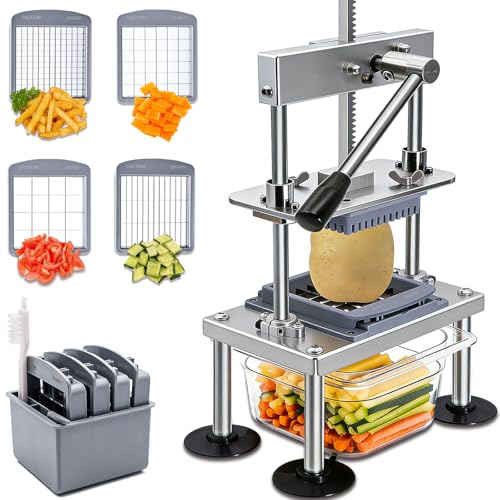French Fry Cutter Goldtree Commercial Vegetable Chopper Professional Stainless Steel Potato Cutter Food Onion Dicer With 4 Replacement Blades for Tomatoes Fruit Carrots Cucumbers