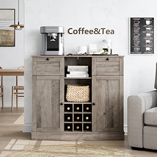 Hostack Buffet Sideboard Cabinet, Wine Bar Cabinet With Drawers And Removable Wine Rack, Coffee Bar Storage Cabinet With Shelves For Kitchen, Dining Room, Living Room, Ash Grey #TOP18