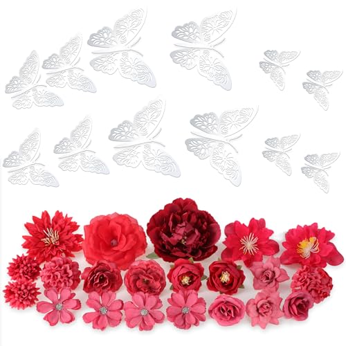 MWOOT Flores Artificiales Variadas, Rosas Artificiales Rojas para Ramos de Boda, Centros de Mesa, Birretes de Graduación, Decoración para Baby Shower, Set con Mariposa Decorativa