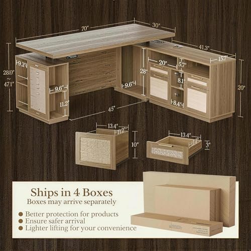 Image of 70 inch Standing Desk with File Cabinet, L Shaped Electric Height Adjustable Desk with AC /USB，Privacy Panel, Computer Executive Corner Table for Home and Office, Natural Oak