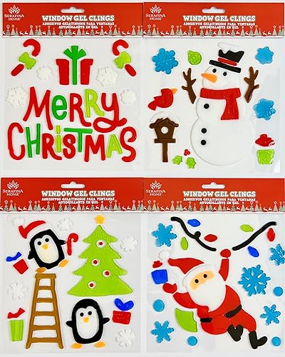 Christmas Gel Cling Stickers for Windows and Mirrors - 4 Sheets of Winter Designs: Santa, Snowmen, Snowflakes and More!