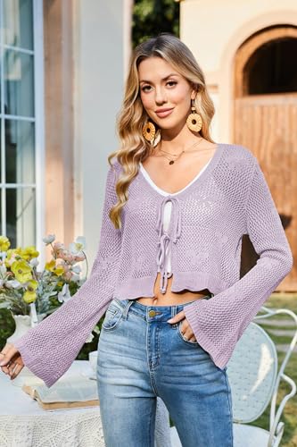 Image of Balimtoy Women Tie Front Cardigan Crochet Sweater Crop Tops Cute Bell Long Sleeve Knit Shrug Beach Vacation Cover Up