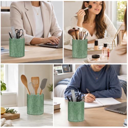 Image of Round Leather Pen Holder for Desk, Desktop Organizer, (Carved Green)