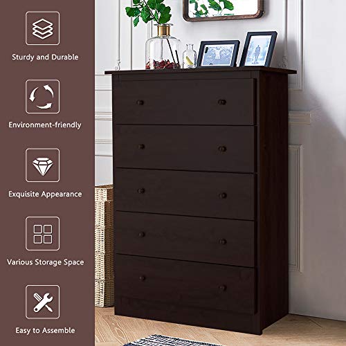 Dortala 5-Drawer Chest, Wood Frame Dresser W/Smooth Slide Rail, Storage Unit For The Bedroom, Living Room, Hallway, Entryway, Espresso #TOP6