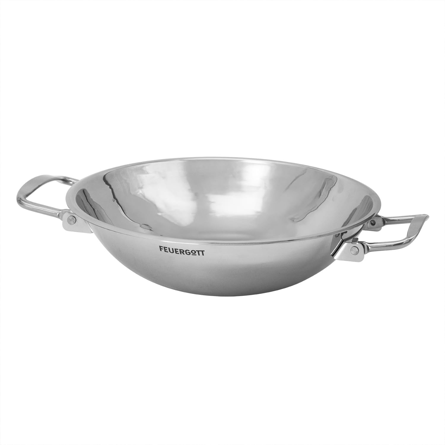 Wok Pfanne Edelstahl Ø 30 cm mit abklappbaren Griffen, runder Boden, spülmaschinengeeignet, für Gasgrill, Gasherd, Induktion