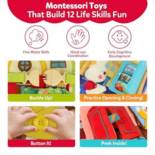 Image of Busy Book for Toddlers 1-3, Toddler Travel Toy and Montessori Quiet Book with Attached Bunny, 12 Fine Motor Activities Gifts for 1 Year Old Boys Girls Birthday Gift