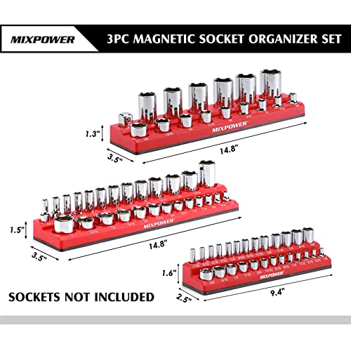 Image of MIXPOWER 6 Pieces SAE and Metric Magnetic Socket Organizers, Total 143 Slots, 1 /4 inch, 3 /8 inch and 1 /2 inch Drive, Magnetic Socket Holder Kit - Red /Blue