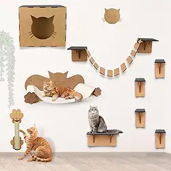 BOXFAN Parquinho para Gatos kit 9 peças em mdf, nicho, arranhador, rede, prateleira, degraus e rede de descanso, playground suspenso para gatos, brinquedo e móveis para gatos