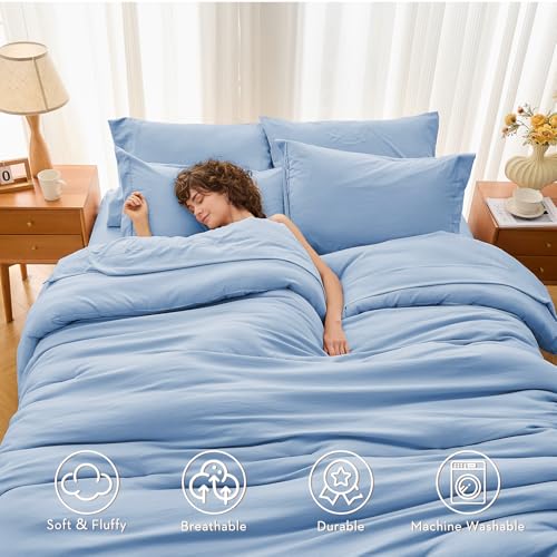 MUXHOMO 7 Pieces King Comforter Set, Soft Bed in a Bag King Size, All Season Bedding Set with Comforter, Flat Sheet, Fitted Sheet, Pillowcases & Shams, Greyish Blue