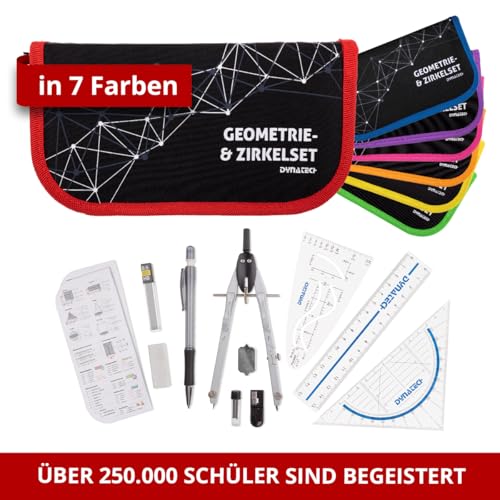 DynaTech Zirkel Set Geometrieset 13-Teilig mit Schnellverstellzirkel, Geodreieck, Parabel, Bleistift, Lineal, Spitzer und Ersatzminen im Etui rot - praktisches Mathematik-Set inkl. Federmappe