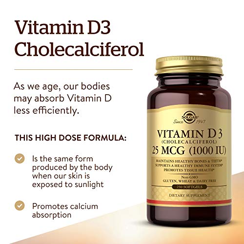 Solgar Vitamin D3 Cholecalciferol 25 Mcg 1000 Iu Softgels Helps Maintain Healthy Bones Teeth Immune System Support Nongmo Gluten Free Dairy Free Servings, Unflavored, 250 Count #TOP2