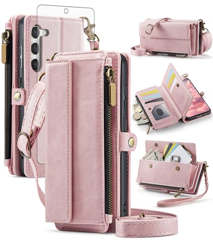 Asuwish Phone Case for Samsung Galaxy S23 5G Zipper Wallet Cover Screen Protector and Crossbody Lanyard Strap Flip RFID Blocking Card Holder Cell S 23 23S GS23 G5 SM-S911U 6.1 inch Women Men Rose Gold