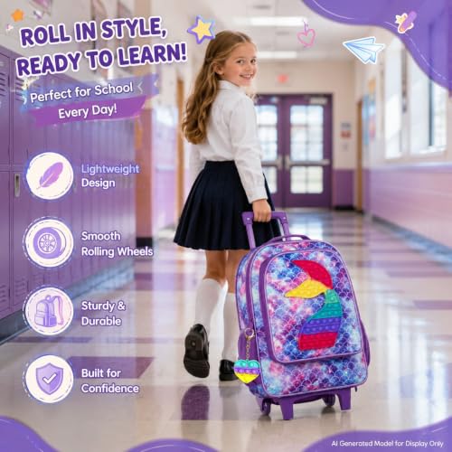 Image of CCJPX 3Pcs Mermiad Roller Backpack for Girls, Kids Rolling Wheeled Bookbag Toddler Elementary School Bag with Wheels - Purple