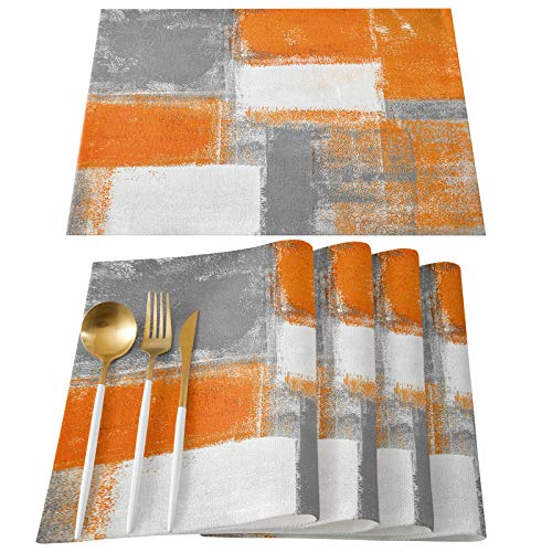 Orange And Gray Graffiti Cotton Linen Placemat Set Of 6, Non-Slip Burnt Orange Modern Art Abstract Thanksgiving Placemat Washable Table Mats For Dining Table Kitchen Holiday Party Home Decor #TOP13