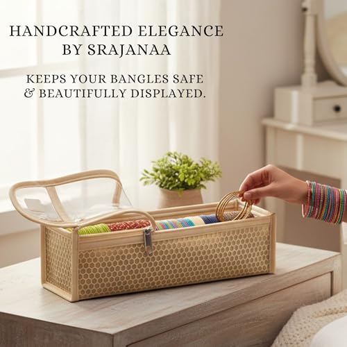 Image of Single R Rod Bangle Box Organizer for Women | Hard Board Chudi Storage Box with Removable Rods & Transparent Top Window | Jewellery Organizer | Beige | Set of 14