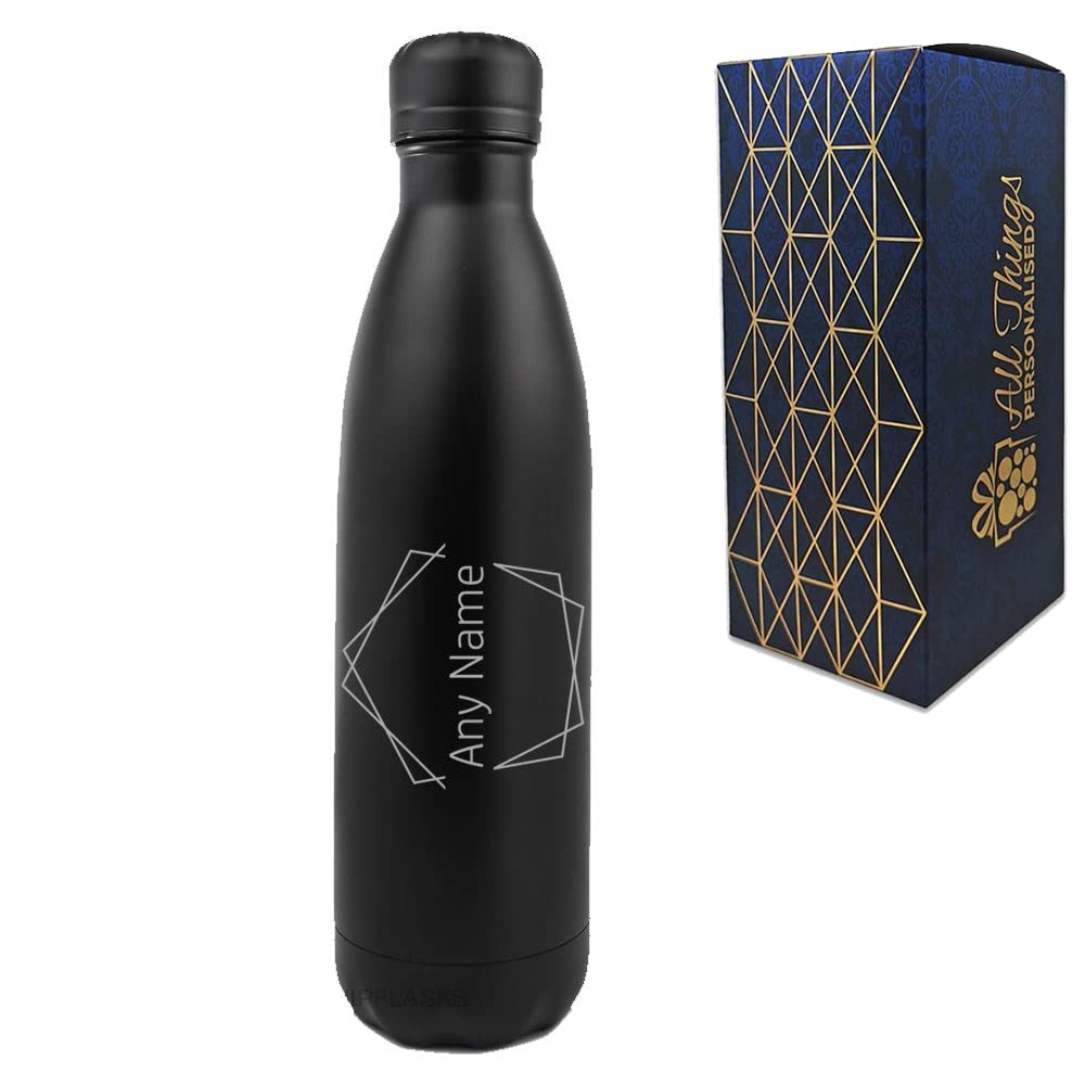 Personalised Engraved Black 750ml Thermal Bottle, Personalise with Any Name with Geometric Design