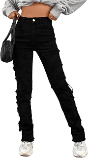 Women's High Waisted Straight Leg Slim Fit Patchwork Stretch Jeans | Raw Hem,Y2K Stacked Mom Boyfriend Jeans for Teen Girls,Casual Slim Skinny Petite Denim Pants,2000s Fashion Streetwear