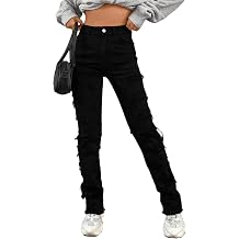 Womens High Waisted Straight Leg Slim Fit Raw Hem Patchwork Stretchy Y2K Stacked Mom Jeans Boyfriend Jeans for Teen Girls