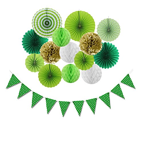 SUNBEAUTY Saint Patrick Decoration Salle de Classe Vert Rosette en Papier Pompom Boule de Soie Or et Fanion Guirlande St Patrick Salon Bureau Creche Restaurant Bar Déco