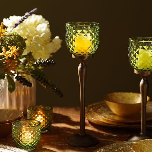 Image of Pure Home Green Diamond Cut Hurricane - Large | Size: 9 x 9 x 24 cm | Premium Hurricanes for Everyday Styling | Living Room & Home Decor Showpiece | Ideal for Diwali & Festive | Premium Decor | Pack of 1