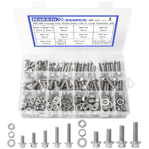244PCS M6-1.0 M8-1.25 Flange Hex Head Bolts and Nuts Kit, M6 M8 Metric Flange Hexagon Screws Serrated Nuts Washers, 304 Stainless Steel M6 Bolt M8 x 1.25 Bolt Screw Set Hakkin