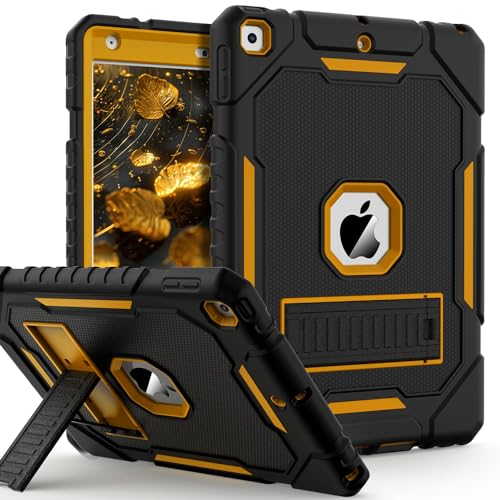 Image of ZoneFoker Case for iPad 9th /8th /7th Generation 2021 /2020 /2019(10.2 inch), Heavy Duty Military Grade Shockproof Rugged Protective 10.2 inch Cover with Built-in Stand for iPad 9 8 7 Gen (Black+Gold)