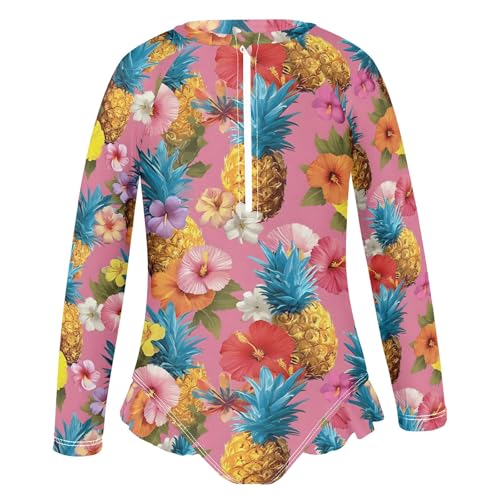 ALAZA Toddler Swimsuit Girl Bathing Suit Swimwear Rash Guard Hibiscus Flower Pineapple Long Sleeve 3T2