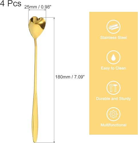 Miniatura 2 de uxcell 4 cucharas de flores de acero inoxidable de 7 pulgadas de mango largo, cucharadita de corazón, cuchara de helado, cucharas de café para