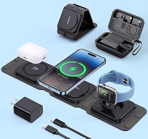 3 in 1 Fast Wireless Charger w/ 20W PD Adapter, Foldable Magnetic Charging Station for Apple Devices, Travel Charging Pad for MagSafe iPhone 15/14/13 Series iWatch Ultra 8 7 6 5 4 3 2 Airpods 3 2 Pro