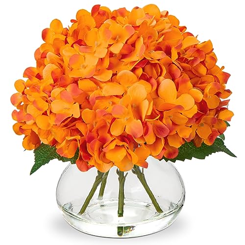 Hollyone Hydrangea Artificial Flowers in Vase Orange Silk Fake Flowers