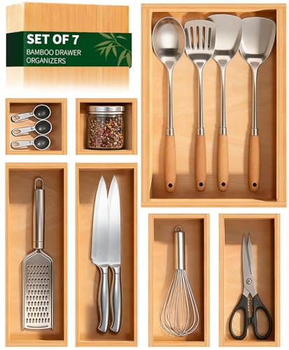 Bamboo Drawer Organizer 7 Pcs for Kitchen Multi-purpose Storage Dividers