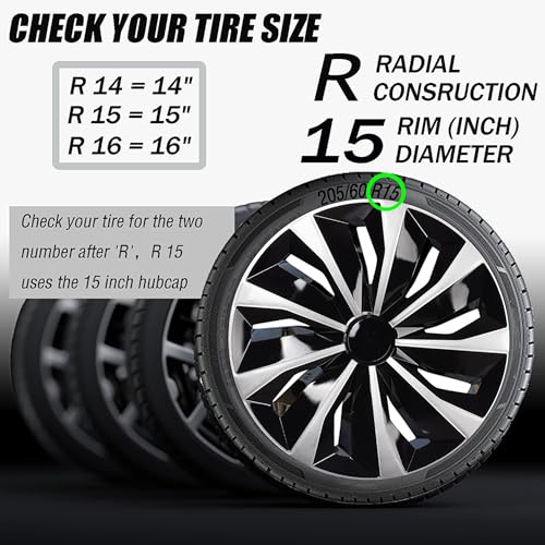Image of Blade Bright Black with Silver Hubcap Wheel Cover Replacement Kit 15 inch Hub Caps Wheel Rim Cover Car Exterior Accessories Pack of 4, 15 Inches