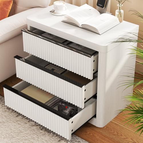 Image of FUSUNBAO Fluted Night Stand Set of 2 with Charging Station,3 Drawers Large End Table with Storage,Natural Nightstand Wood Bedside Tables,Farmhouse Cabinet Dresser for Bedroom,Sofa Table (White Oak)