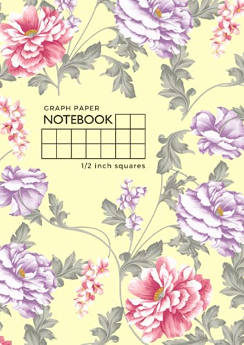 Graph Paper Notebook 1/2 Inch Squares: A4 Large Composition Book Quad Ruled for Math / Kids Handwriting Workbook | Beautiful Vintage Flower Design Yellow