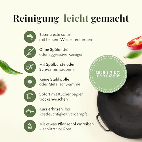 pasoli Wok für Gasherd und Grill inkl. gratis Rezepte eBook - voreingebrannt - Asiapfanne mit rundem Boden - Carbonstahl Bratwok - handgehämmerte Wokpfanne - Durchmesser 30 cm