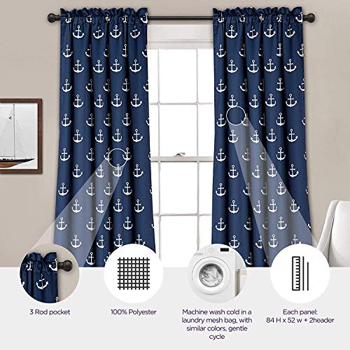 Lush Decor Darkening Window Curtain Set, Navy Anchor Print, 52" W x 84" L, W 52" x L 84" (2 Panels) - Image 2