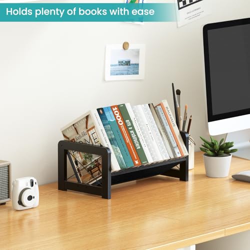 ELITEROO Desk Bookshelf, Small Book Shelf, Wooden Desktop Bookcase, Tilting Table Top Bookshelf for Home Office, for Book Display, Cookbook Storage, Kids Reading, Black by ELITEROO - Image 2