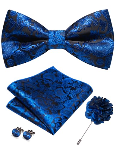 JEMYGINS Royal Blue Paisley Bow Tie Pre-tied Bowtie and Pocket Square Cufflinks Lapel Pin Sets for Men(9)