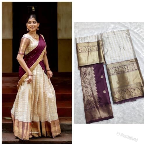 Image of RENVAANI Women's Traditional Kanjivaram Kanchipuram Silk Zari Weaving Unstitched Lehenga Choli with Dupatta