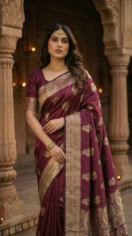 Image of C J Enterprise Women's Pure Soft Silk Saree With Blouse Piece For Wedding (KeriLichi)