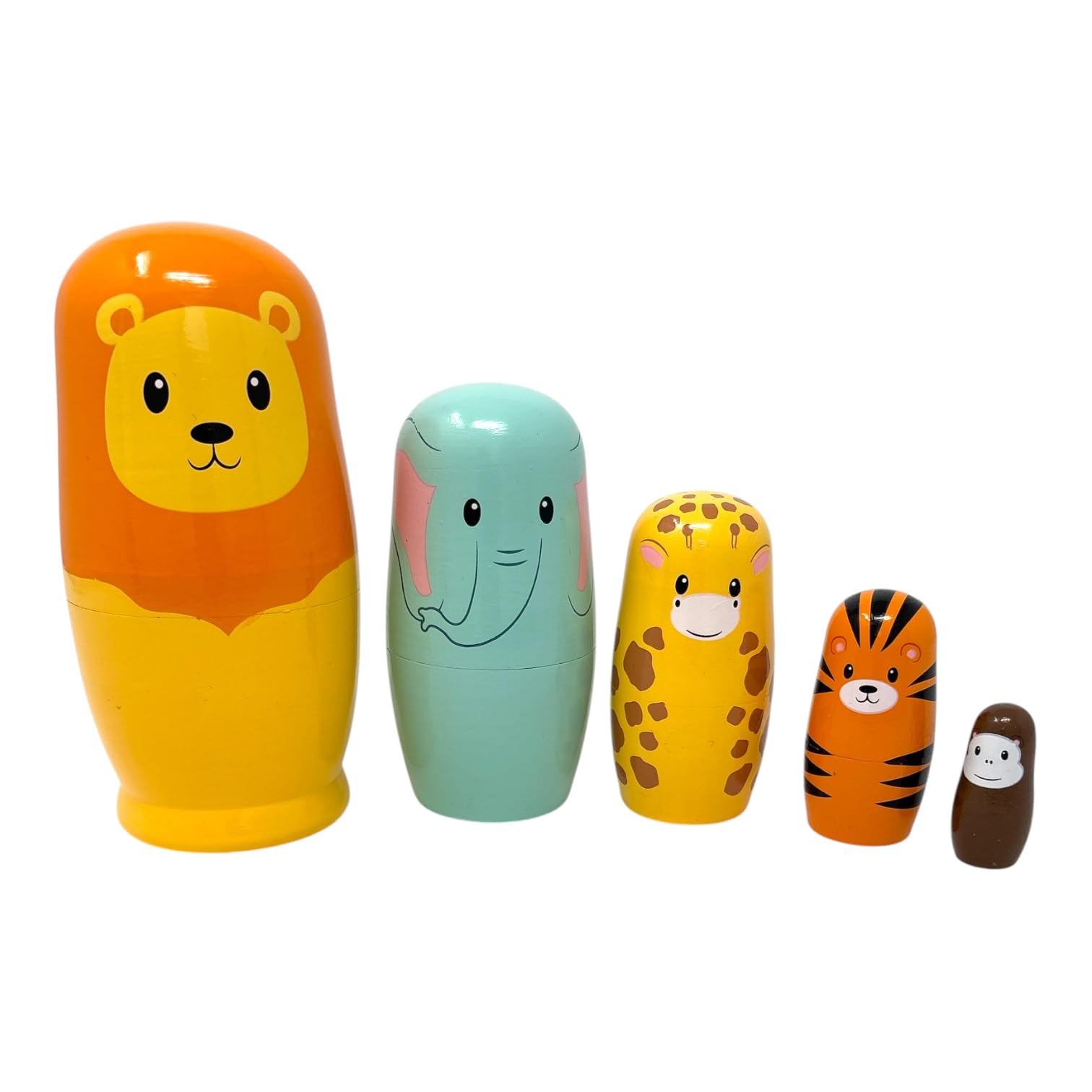 For the Baby Safari Animal Nesting Dolls, 5 Pieces, 36 Months and up, FSC-Certified Wood, Fine Motor Skills, Safari, Lion, Elephant, Giraffe, Tiger and Monkey