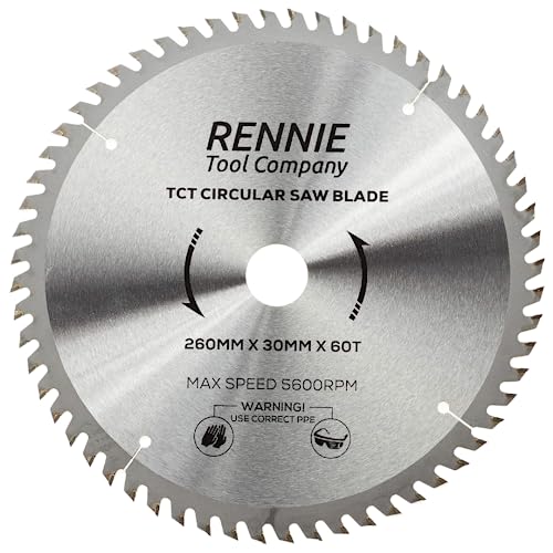 Rennie Tools - 260mm x 30mm x 60T TCT Circular Wood Saw Blade Includes 25mm 20mm & 16mm Bore Reduction Rings. Compatible with Festool Bosch Makita Dewalt Circular Saw Etc.