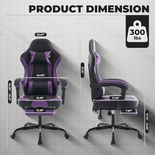 Image of Gaming Chair with Footrest for Home Office - High Back Computer Chair with Headrest and Lumber Support, Ergonomic Height Adjustable Leather Game Chairs (Black+Purple)