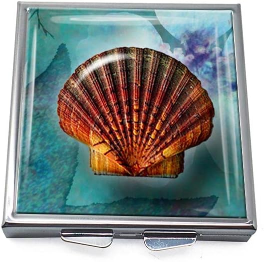 Sea Shell Design Pill Box Metal Square 6cm with 4 Sections and Mirror (01)