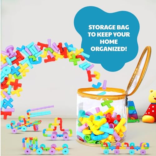 Image of Kid's 100+ Pieces Pipe Blocks Multicolor Educational Toy Constructional Building Blocks Learning Activity for Girls and Boys Ages 3-14 Ideal Gift with Storage Bag