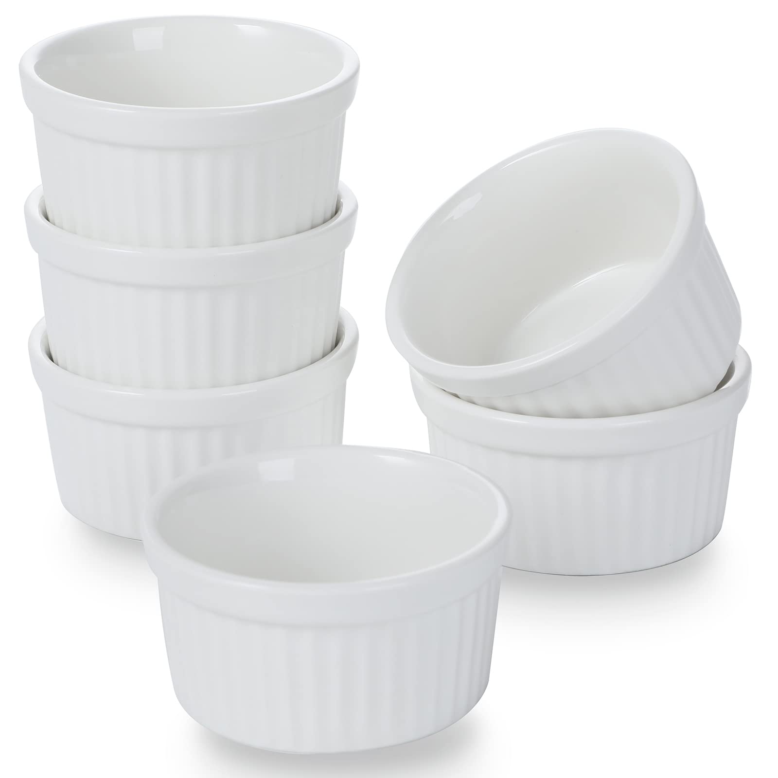 Lot de 6 ramequins en porcelaine pour souffle, crème brûlée, pudding, crème grise, moules de cuisson, passent au four, blanc (7,6 cm)