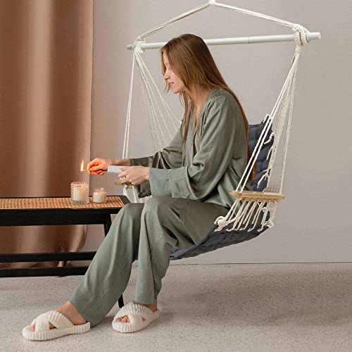 ROOITY Hammock Chair Hanging Swing with Wooden Armrests;Steel Spreader Bar and Anti-Slip Rings;Cotton Woven Fabric;Up to 300 Lbs for Bedroom,Patio,Porch,Deck-Indoor Outdoor Grey - Thumbnail 7