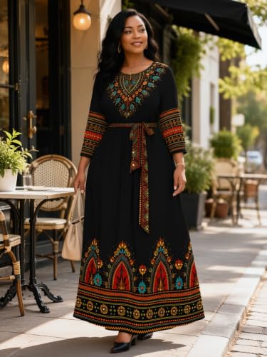 Image of Plus Size Maxi Dress for Women V Neck 3 /4 Sleeve Wrap Dress