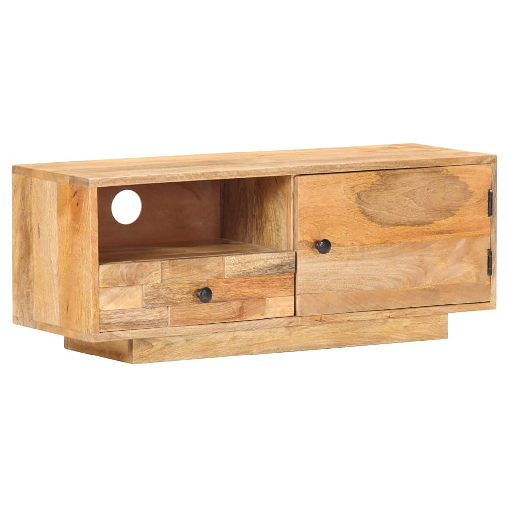 TV-Schrank aus massivem Mangoholz, 90x30x35 cm, Naturholz-Finish, robuster Fernsehschrank für Wohnzimmer, praktisches Media Center mit Stauraum
